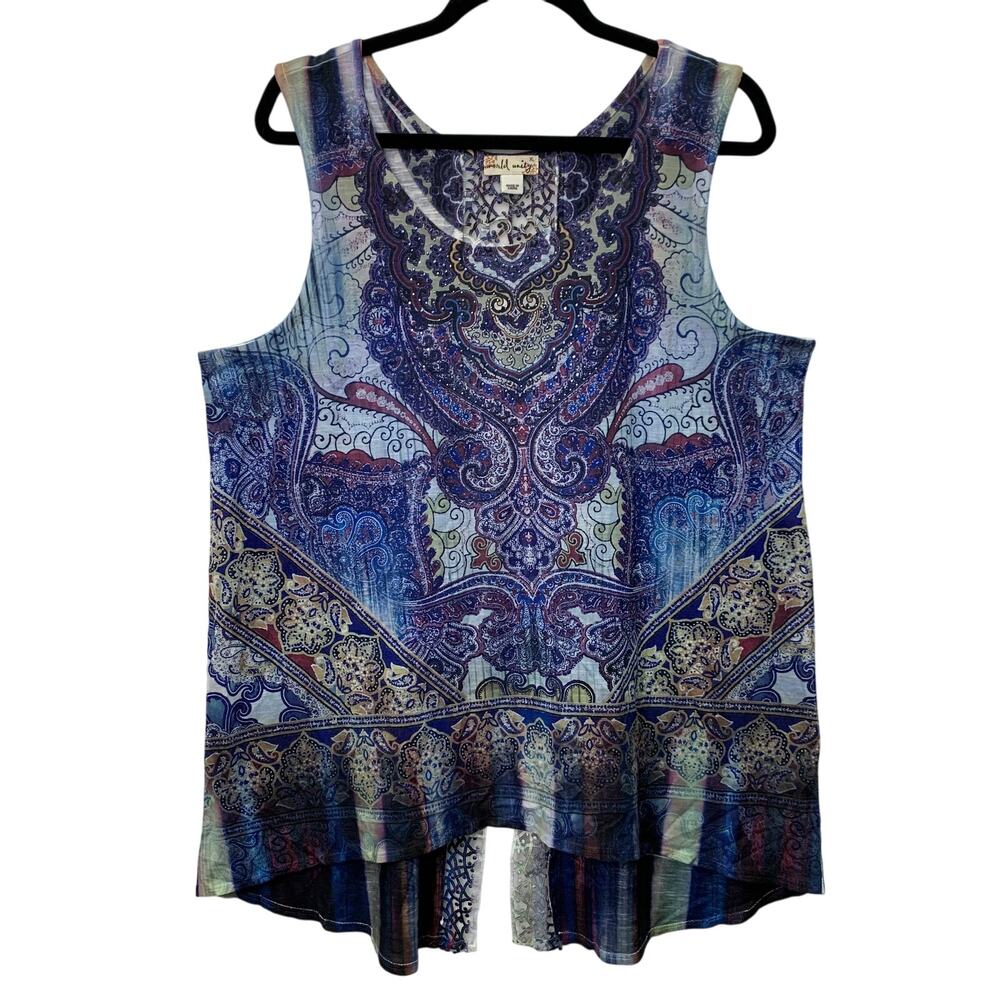 World Unity Womens XL Blue Sparkle Studded Tank Lace Back Detail Shirt Mandala